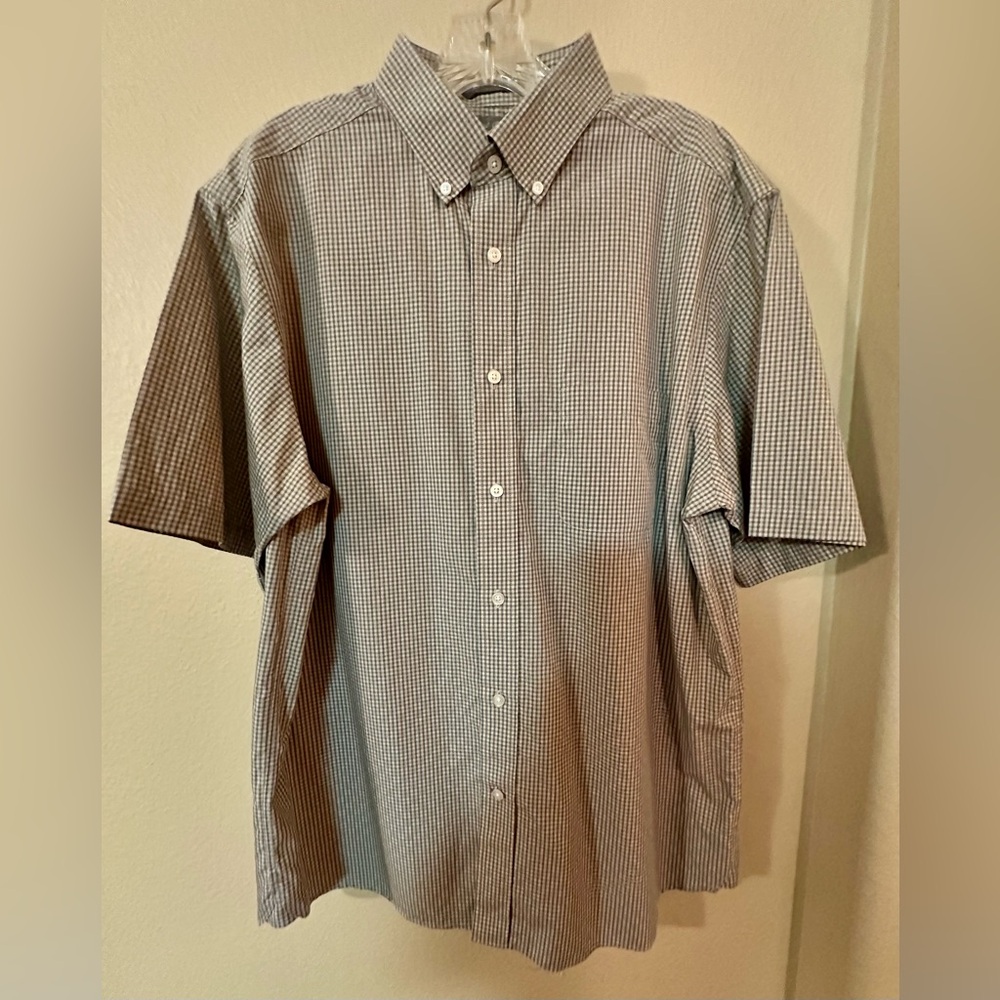 Men’s L Short Sleeve Button Down Shirt Tan Cream Check Casual Office Summer